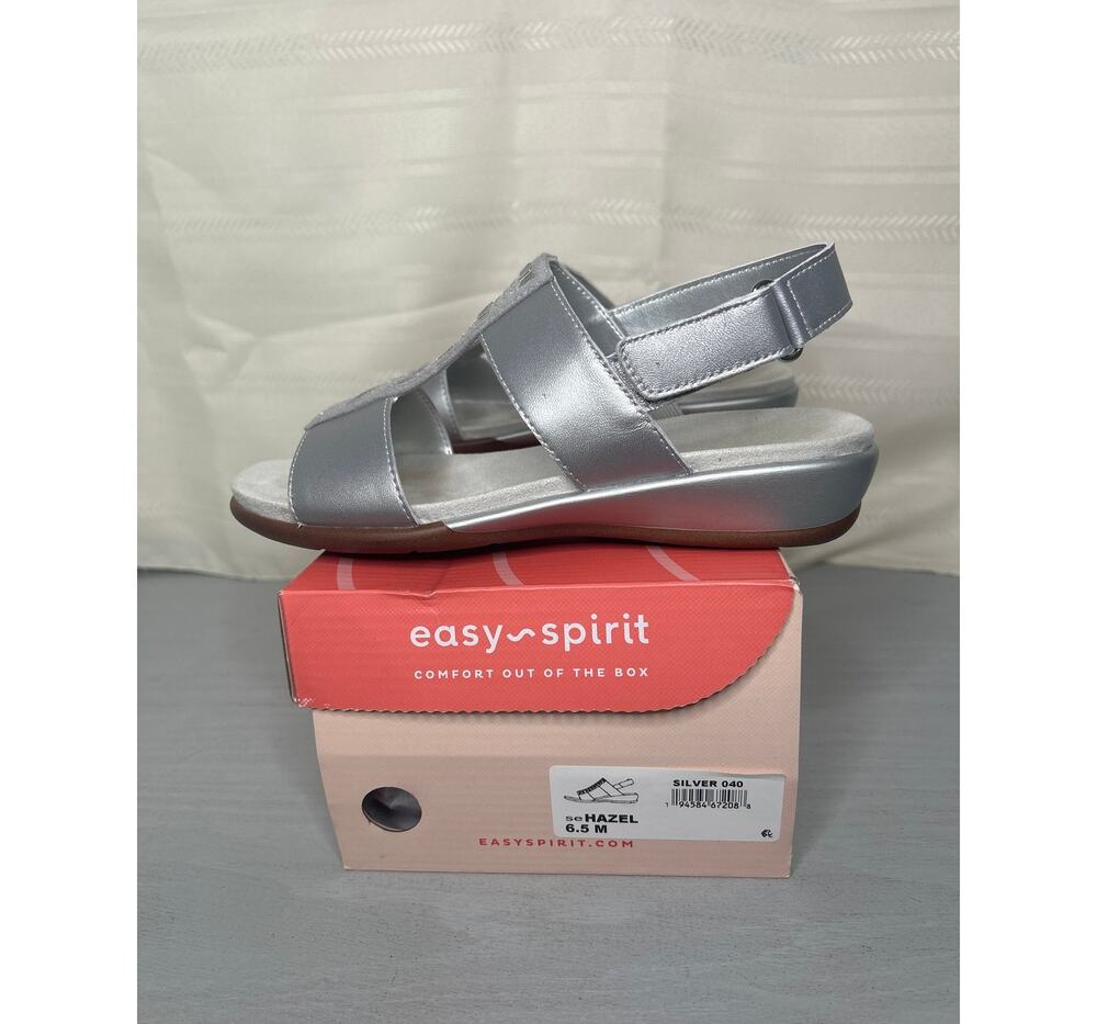 Easy Spirit Hazel T-Strap Wedge Sandals Silver Womens Size 6.5M